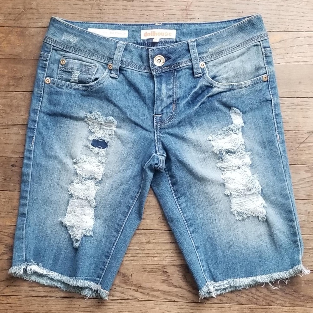 Ripped Frayed Denim Distressed Bermuda Jean Shorts